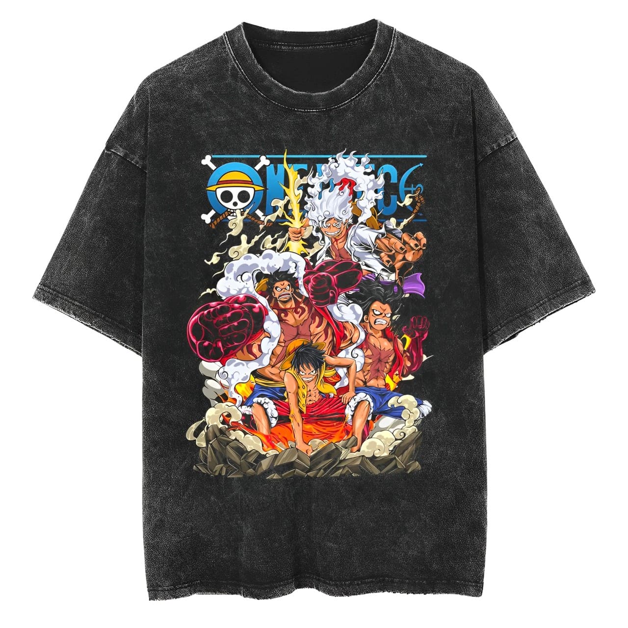 Acid Wash Vintage Graphic T Shirt - เสื้อยืดวันพีซ ลูฟี่ เกียร์ 2 3 4