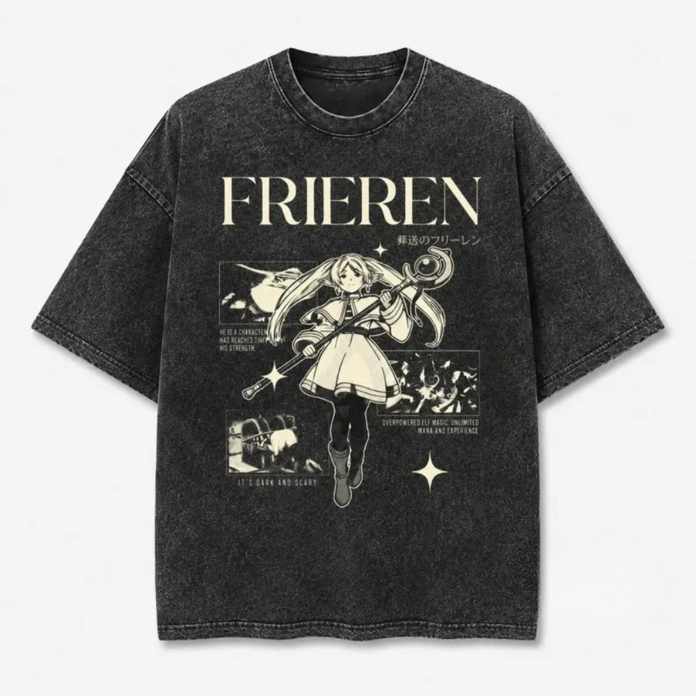 Acid Wash Vintage Graphic T Shirt - เสื้อยืดโอเวอร์ไซส์ลายกราฟิกผ้าฝ้ายสไตล์เรโทร ฟริเรน อนิเมะ วินเทจ ลายแอซิดวอช ยูนิเซ็กส์