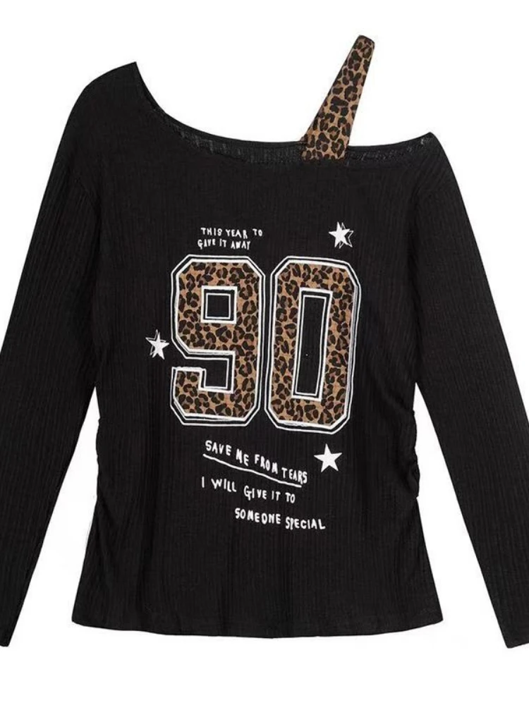 Shirts - เสื้อยืดลายเสือดาวสไตล์ Y2K แบบแพทช์เวิร์คสำหรับผู้หญิง ทรงหลวม สตรีทแวร์ สไตล์กรันจ์