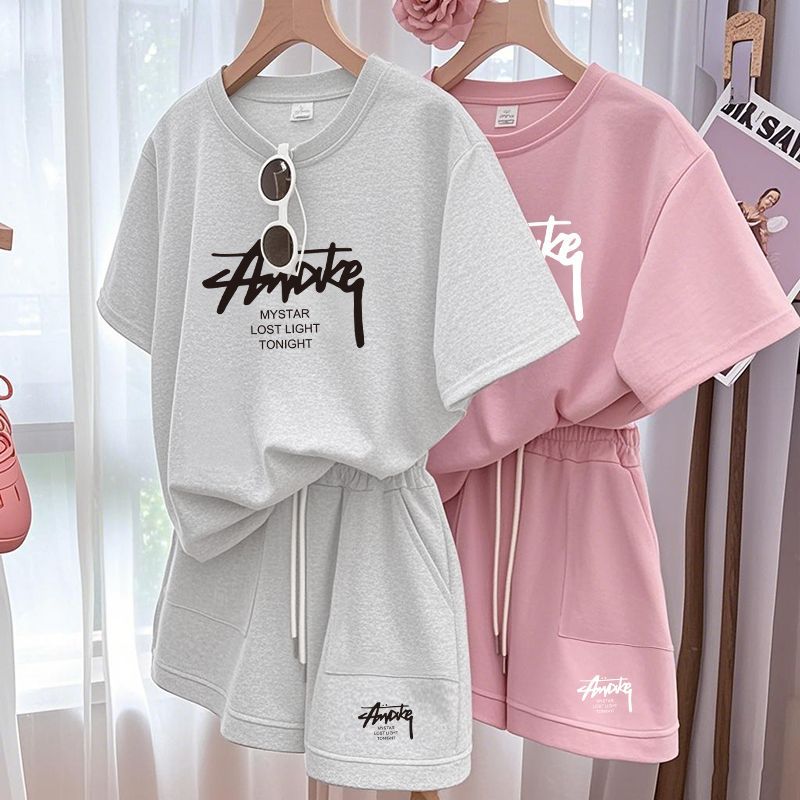 Shirts - ชุดเซ็ตพลัสไซส์สำหรับผู้หญิง ชุดสองชิ้นเสื้อแขนสั้นและกางเกงขาสั้น ชุดลำลองหลวมๆสำหรับเด็ก ชุดเสื้อยืดและกางเกงขาสั้นสำหรับผู้หญิง