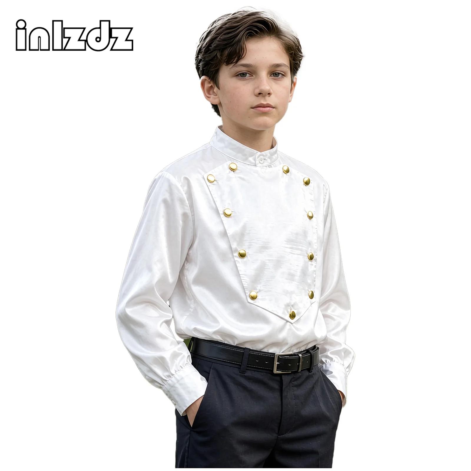 Shirts - เสื้อเชิ้ตผ้าซาตินสไตล์วินเทจยุคกลางและยุคฟื้นฟูศิลปวิทยาสำหรับเด็กผู้ชาย ชุดคอสเพลย์แวมไพร์ฮาโลวีน เสื้อเชิ้ตแขนยาวสำหรับงานปาร์ตี้ทางการสไตล์วิคตอเรียน
