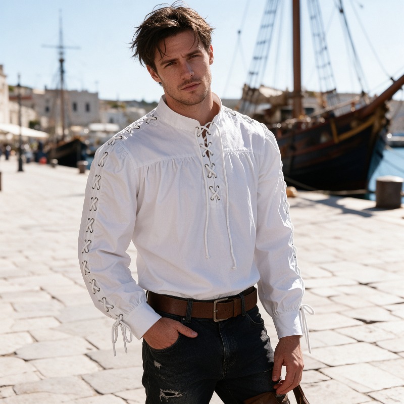 เสื้อเชิ้ตผู้ชายสไตล์ยุคกลาง ล - Medieval Gothic Lace Up Pirate Shirt บทวิจารณ์และราคา