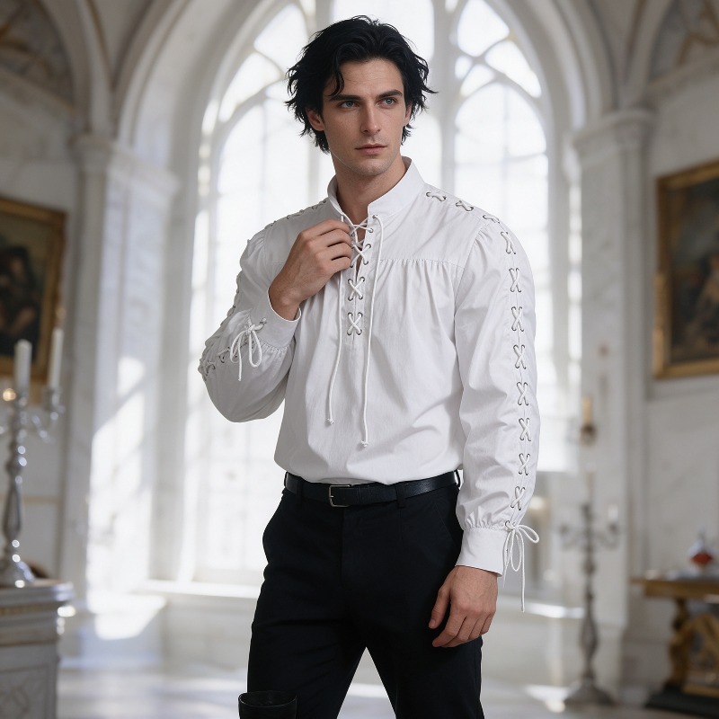 เสื้อเชิ้ตผู้ชายสไตล์ยุคกลาง ล - Medieval Gothic Lace Up Pirate Shirt บทวิจารณ์และราคา