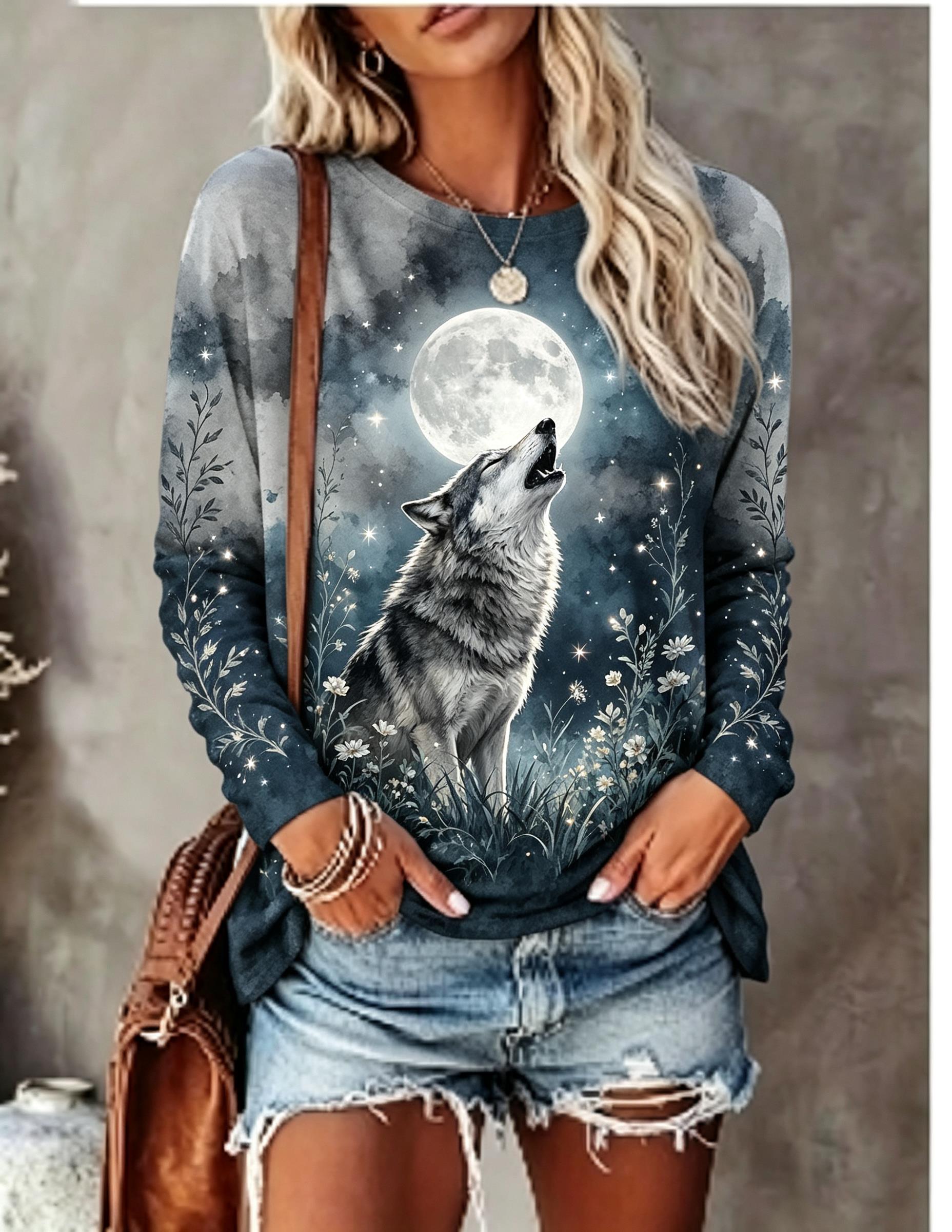 เสื้อยืดแขนยาวผู้หญิง ลายหมาป่ - T-Shirts บทวิจารณ์และราคา